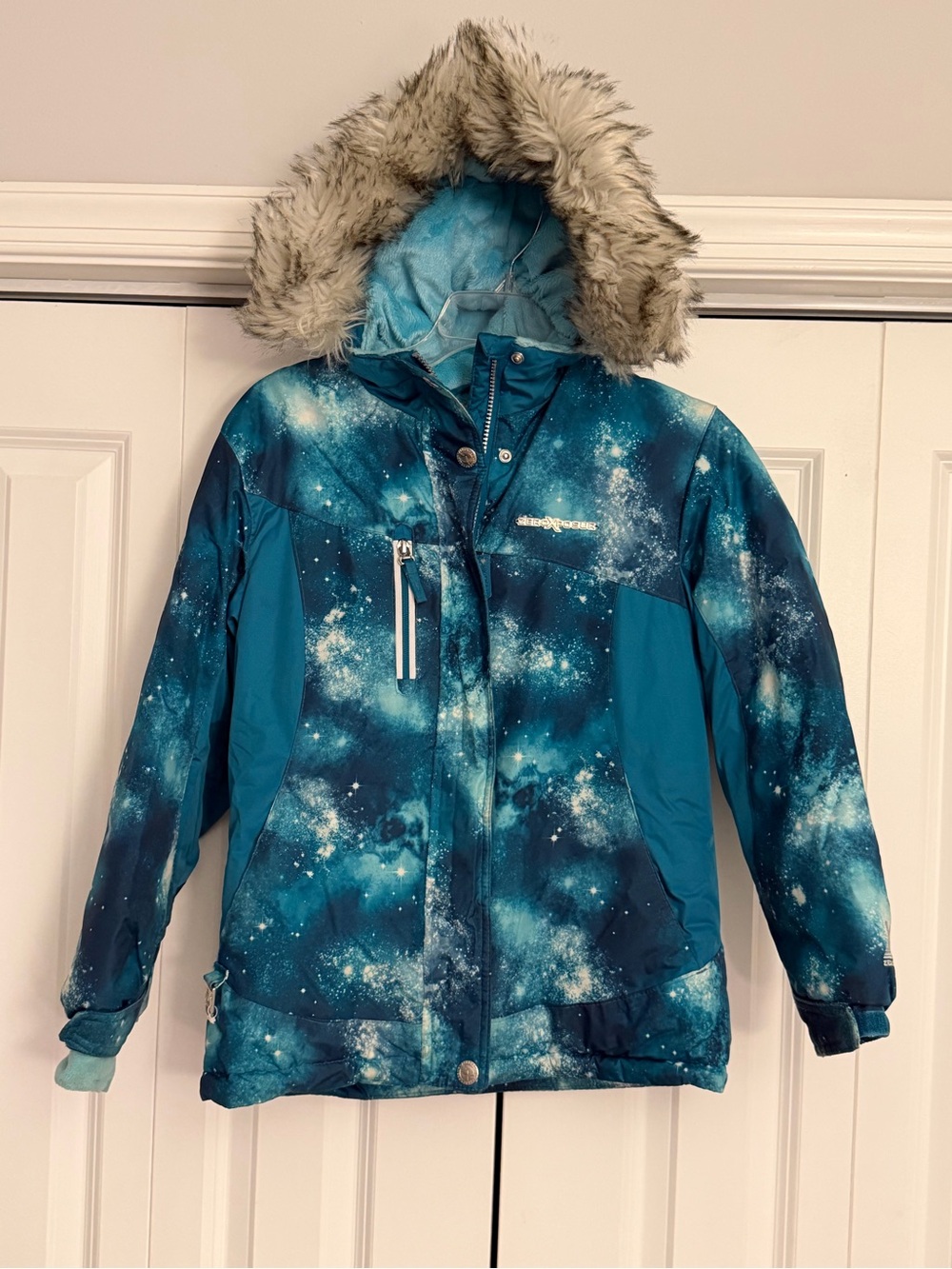 ZeroXposur Teal Galaxy Print Puffer Jacket with Faux Fur Hood